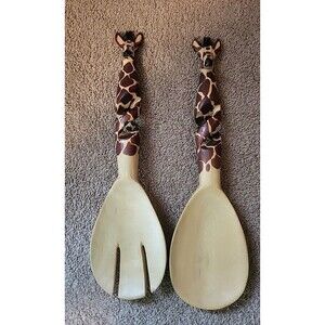 Carved Wood GIRAFFE Salad Servers Spoon & Fork African Theme Utensil Set Preown